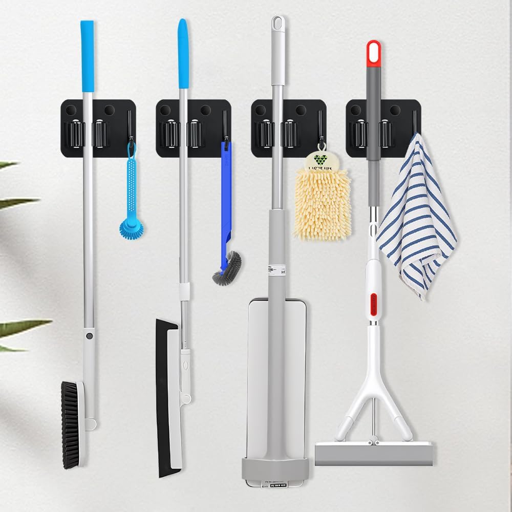 4-Pack Broom Holder with Heavy Duty Hooks, Upgraded Stainless Steel Mop Hanger. Wall Mount Utility Tool Rack for Kitchen Garden Laundry Garage. Matte Black.