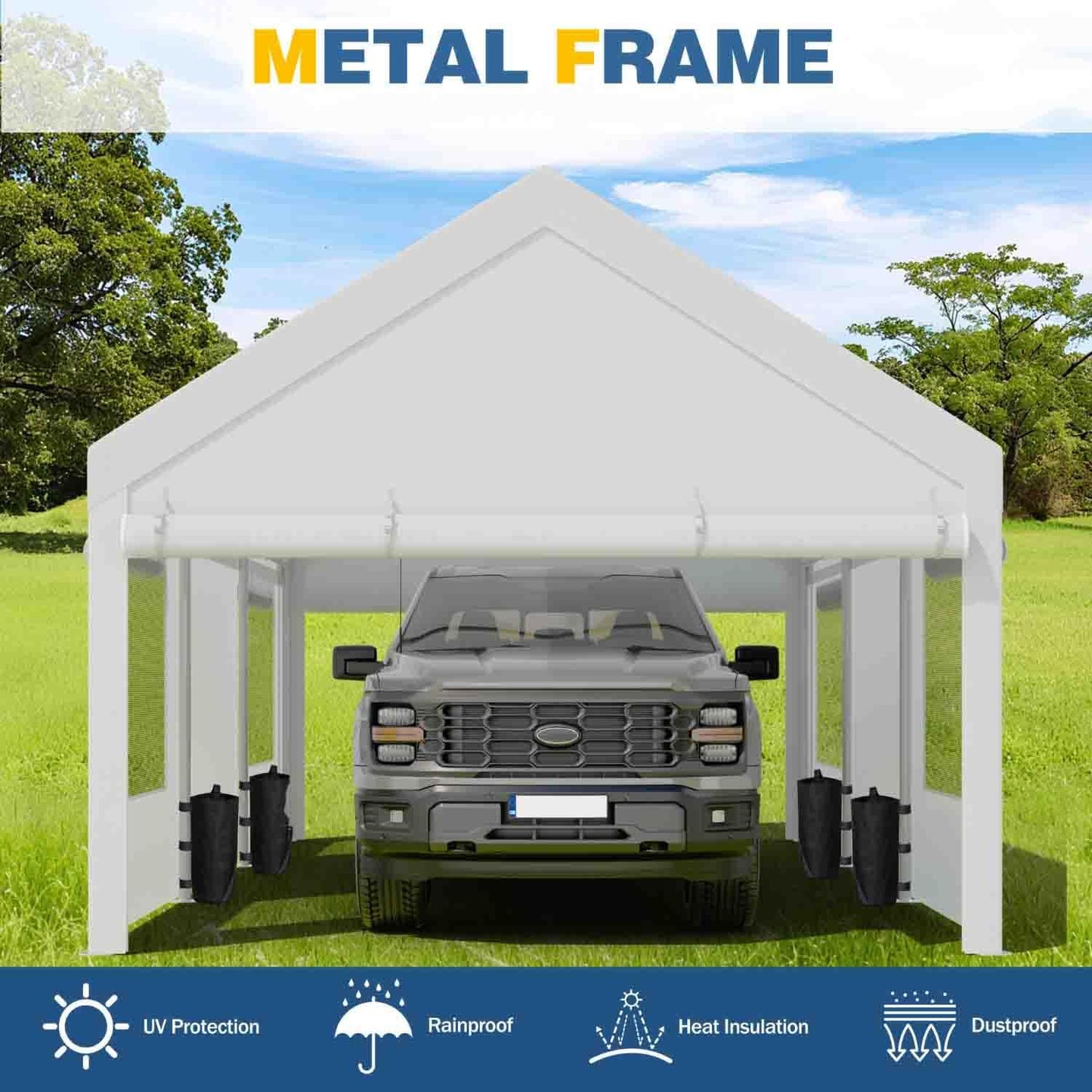 JAMFLY 12x20 ft Heavy Duty Carport with Roll-up Windows & Removable Sidewalls & Doors – Portable Garage Canopy with All-Season Tarp, Sandbags for Car, Truck, Boat, Motorcycle, White