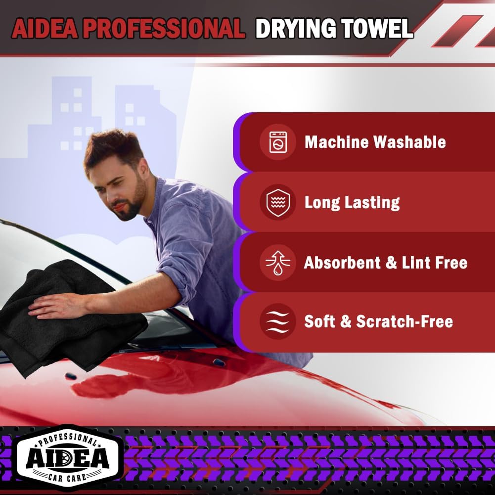 AIDEA Microfiber Towels for Cars-2PK, Large Professional Car Drying Towel, Scratch-Free & Absorbent Drying Towel for Cars, SUVs, RVs, Trucks, and Boats, 24inx 31in, Black