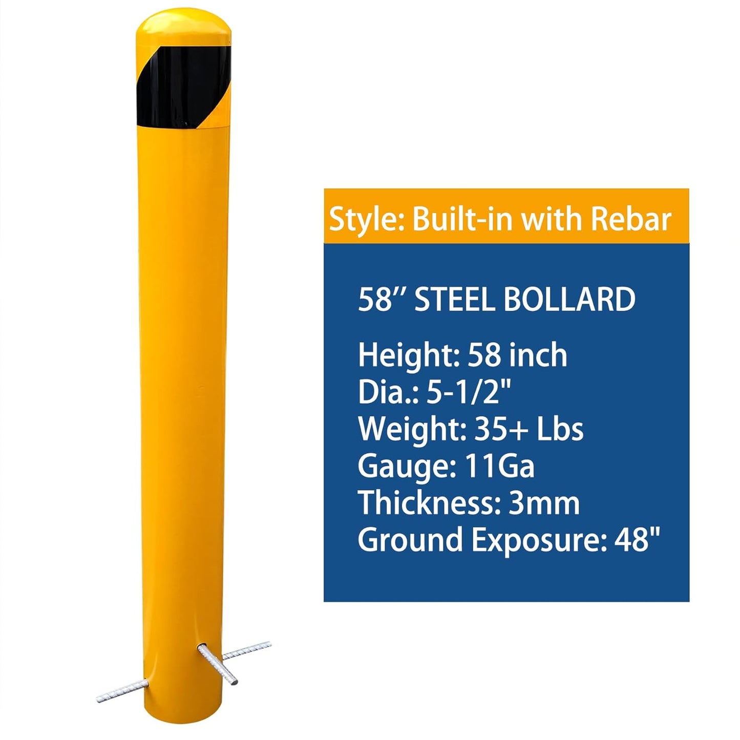 58" Pour in Place Steel Bollard Post, 5-1/2" OD Safety Bollard Yellow Powder Coat, Metal Bollard Parking, Driveway Barrier