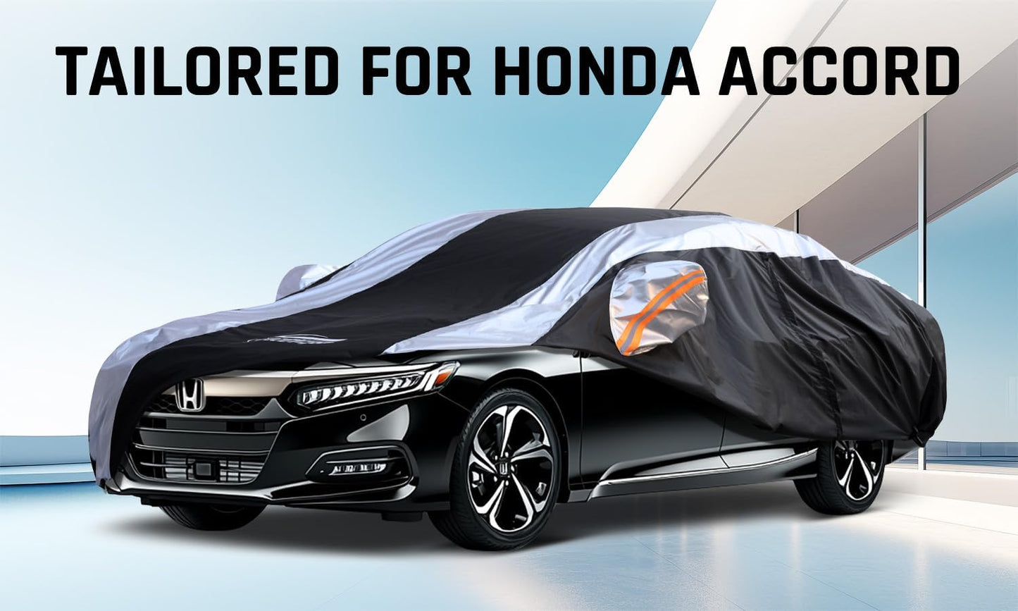 Honda Accord Car Cover Waterproof All Weather with Silver Strip Design, Custom Fit for Honda Accord 2005–2025, Accord Accessory with Door Zipper & Windproof Straps