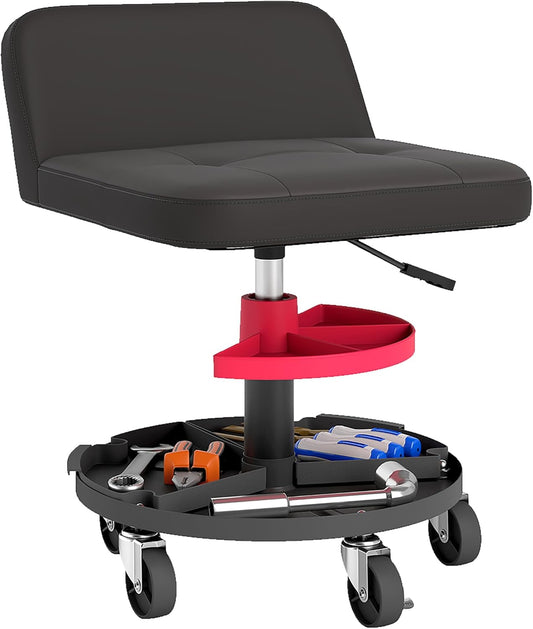 HOMCOM Rolling Mechanic Stool, 300 LBS Capacity Pneumatic Creeper Garage Stool with 360° Wheels, Backrest, Heavy Duty Roller Seat Padded Shop Chair with Tool Tray Storage, Adjustable Height, Black