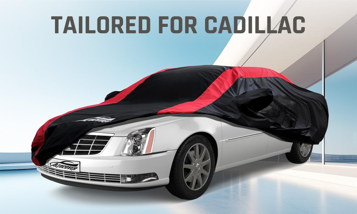 Car Cover Waterproof All Weather with Red Strip Design, Custom Fit for DTS(2006–2011), XTS(2013-2019), CT6(2016-2020), DTS Accessory with Door Zipper & Windproof Straps