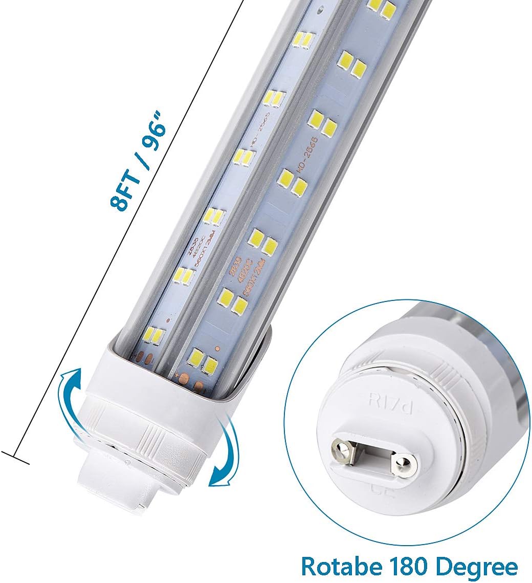 R17D/HO 8FT LED Bulbs -(10 Pack) Rotate V Shape, 5000K Daylight 144W, 18800LM, 300W Equivalent F96T12/DW/HO, Clear Cover, T8/T10/T12 Replacement, Dual-End Powere