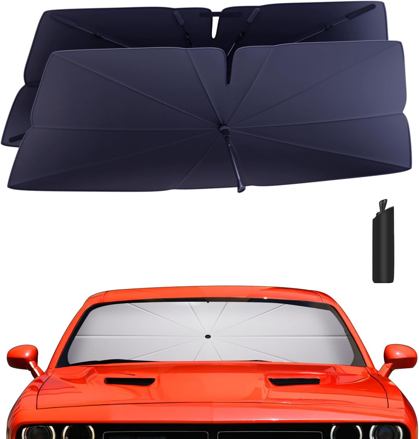 Windshield Sun Shade Umbrella for 2015-2024 Dodge Challenger Accessories: Custom Fit 240T Silver, Double Thickened, Foldable Sunshade Window Sun Visor, Ultimate 99% UV Blocking for SXT, R/T, GT