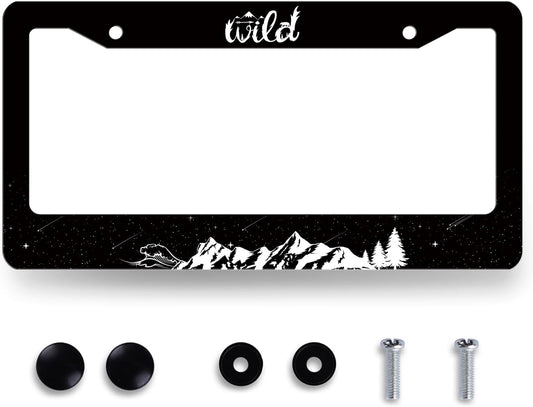 Mountains License Plate Frame Ocean Waves Forest Starry Sky License Plate Stainless Steel Mountain Car Accessory Funny License Plate Decoration Men Women Size 12.2" x 6.2" with Screw