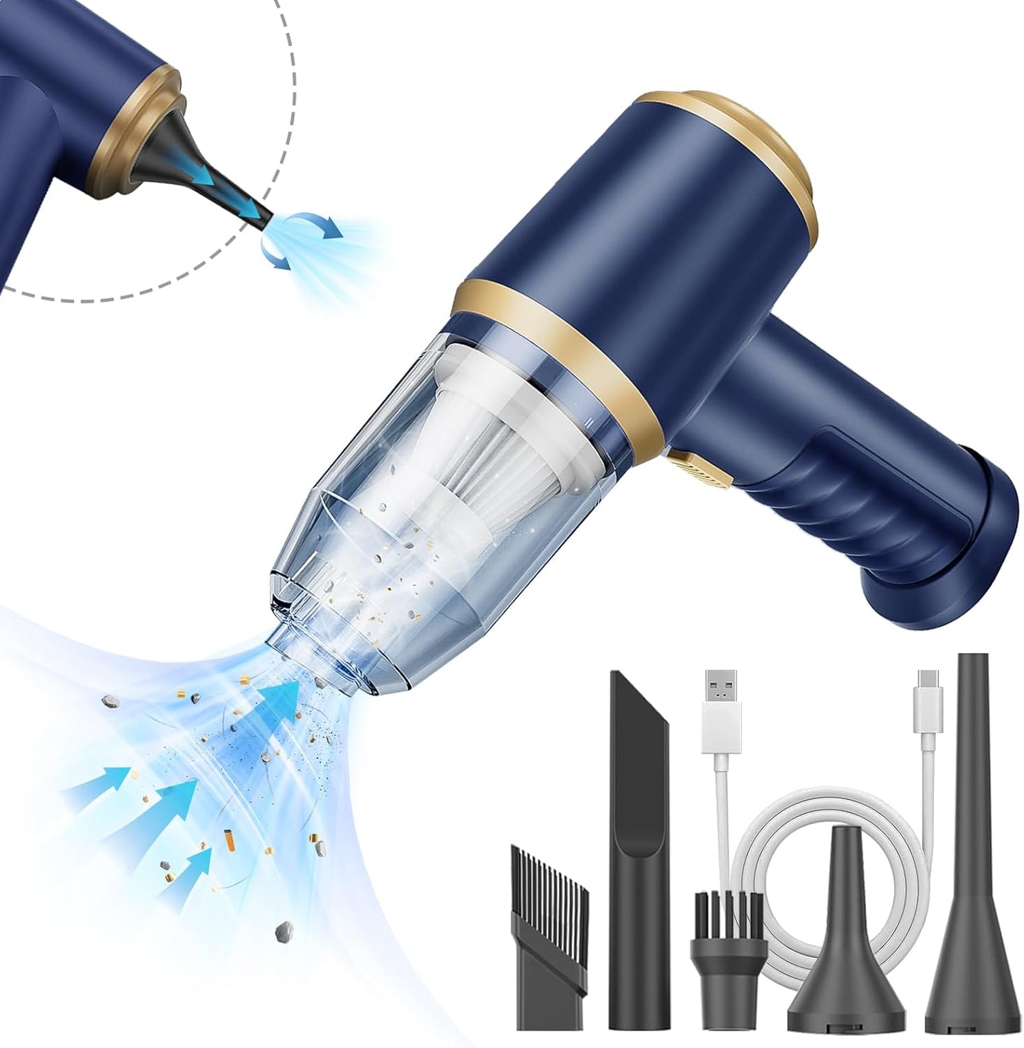 Mini Car Vacuum Portable Cordless Handheld Vacuum Cleaner and Air Duster 2 in 1 with Multi-Nozzles for Car, Computer, Sofa, Office, Pet, Home (Blue and Gold)