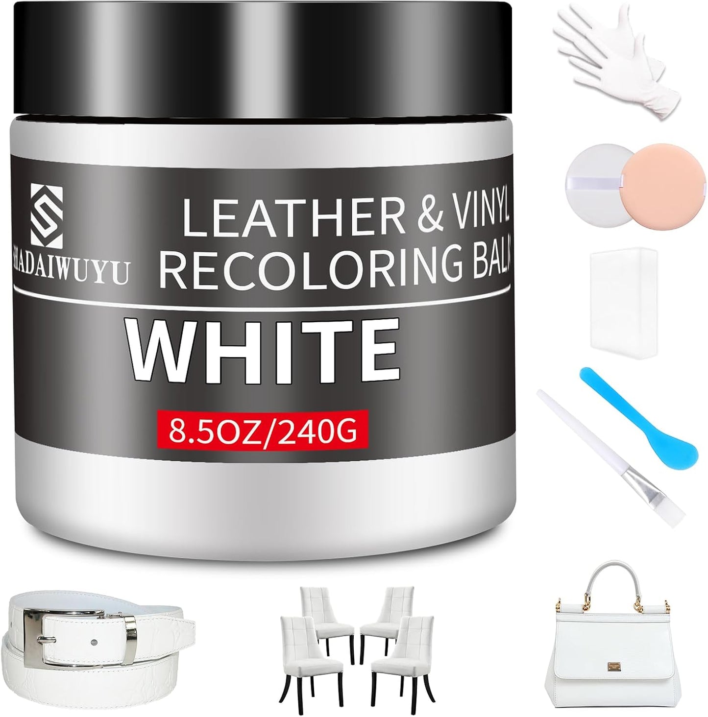 Leather Recoloring Balm,8.5oz Leather Color Restorer,White Leather Repair kit for Furniture and Car Interior,Leather Couch Scratch Repair,Leather Dye Paint for Faded,Cracked and Damaged Leather
