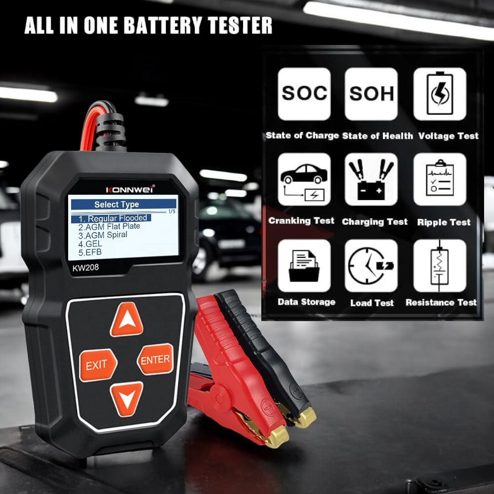 KONNWEI KW208 Car Battery Tester 12V. 100-2000 CCA Load Tester. Automotive Alternator Tester. Voltage Test, Cranking Test, Charging Test. For cars, trucks, boats, motorcycles, SUVs gasoline or diesel.