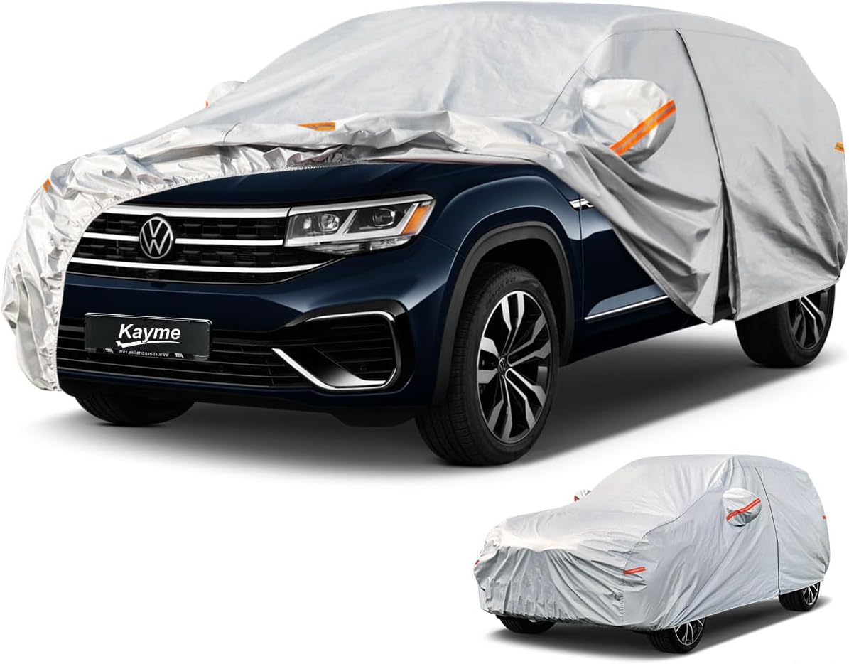 Kayme 6 Layers SUV Car Cover Custom Fit for VW Volkswagen Atlas (2017-2025) Waterproof All Weather for Automobiles, Outdoor Full Cover Rain Sun UV Protection.Silver