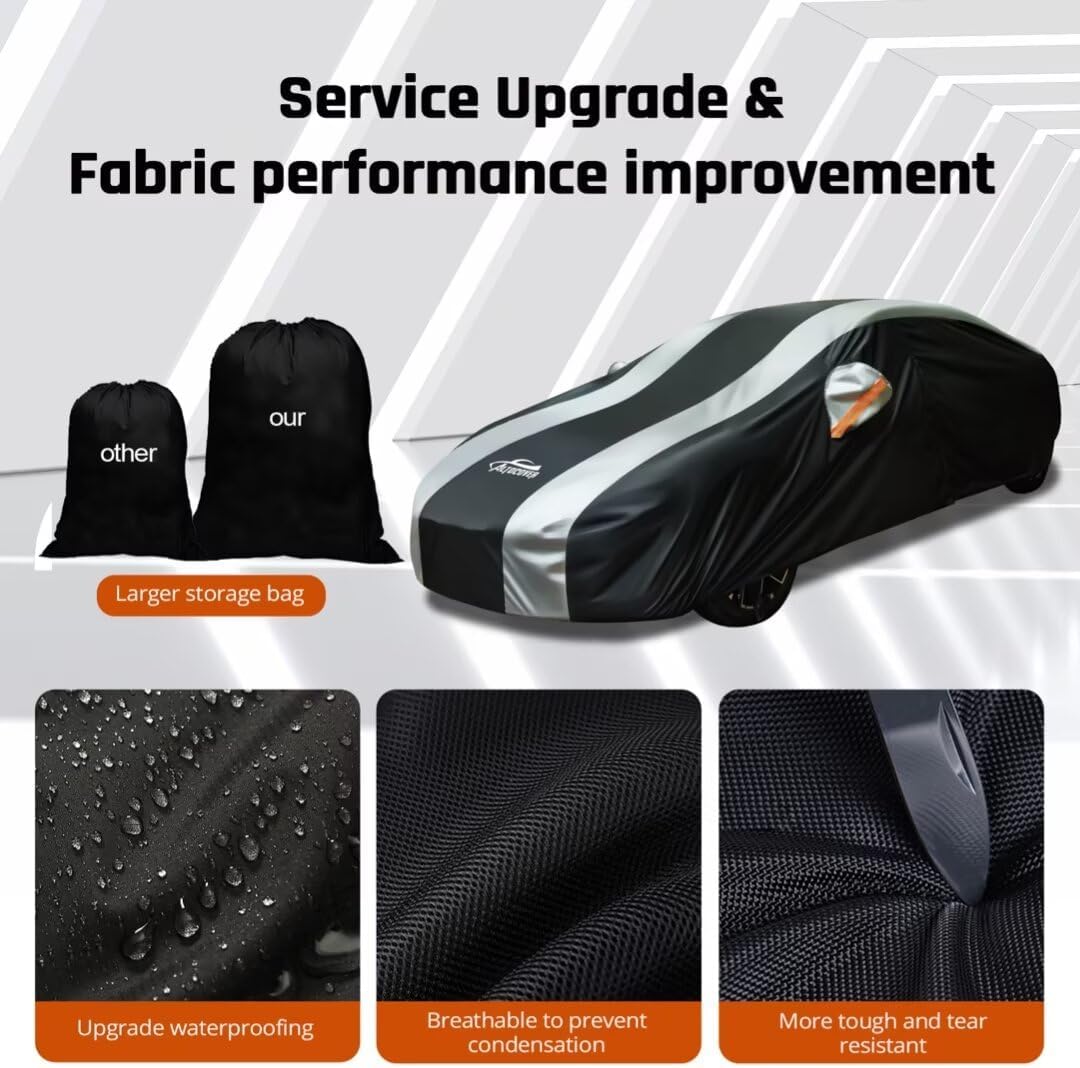 Waterproof Car Cover with Silver Stripe Design,Outdoor/Indoor Car Cover for Automobiles All Weather Waterproof Universal Fit Audi A8, Lexus LS500, Jaguar XJ,Benz S-Class
