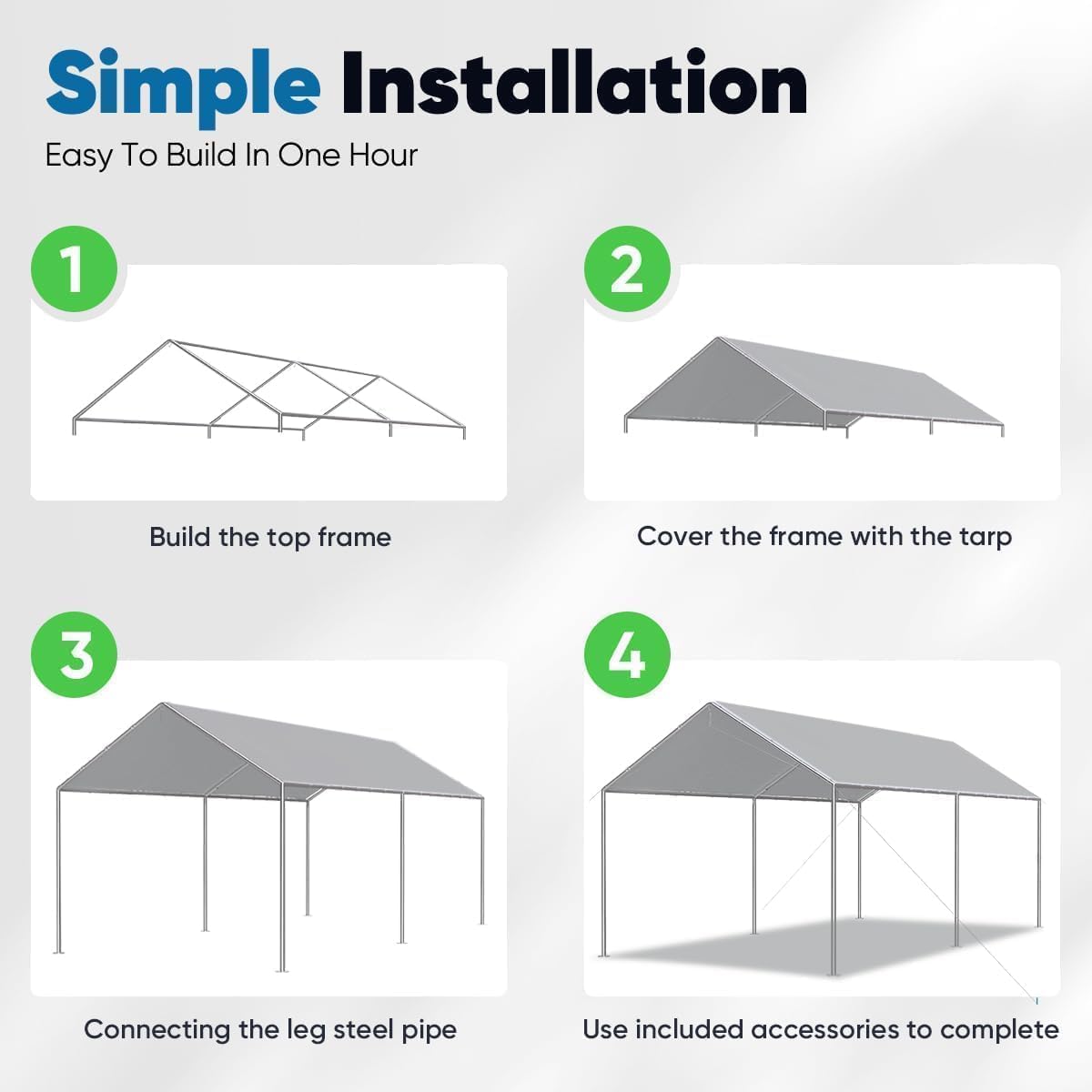Quictent 10x15 ft Heavy Duty Car Canopy Galvanized Frame Carport Outdoor Party Tent Boat Shelter with 3 Reinforced Steel Cables - Grey