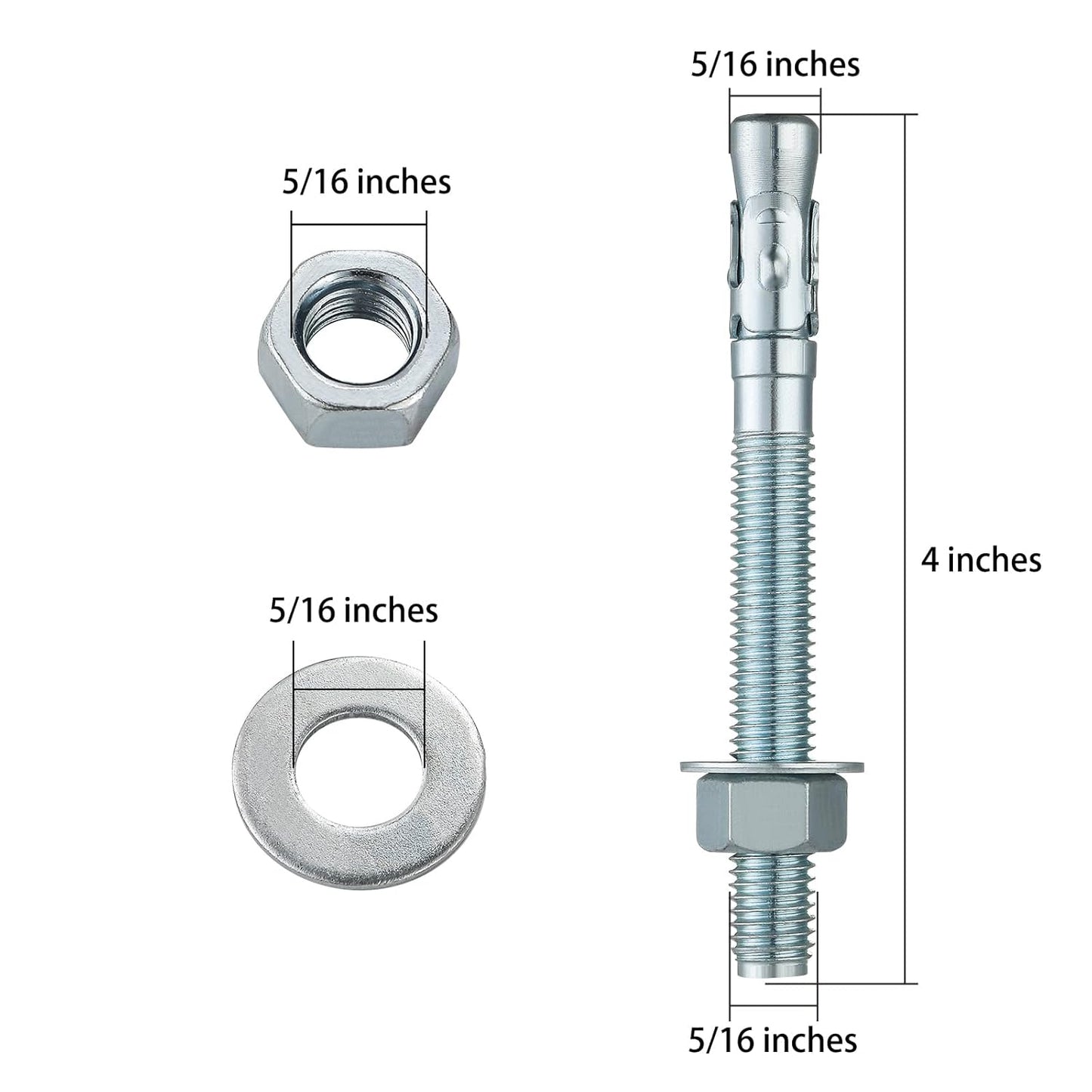 5/16x4" 100Pcs Inch Standard Fasteners for Heavy-Duty Zinc Wedge Anchors for Cement and Concrete