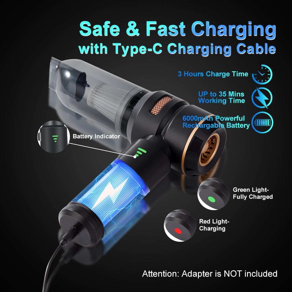 Handheld Car Vacuum 18000PA, 4-in-1 Mini Vacuum Cleaner Portable Cordless, Air Blower, High Power Air Duster with Brushless Motor, Suitable for Car, Home, Pet, Office, Camping (Golden)