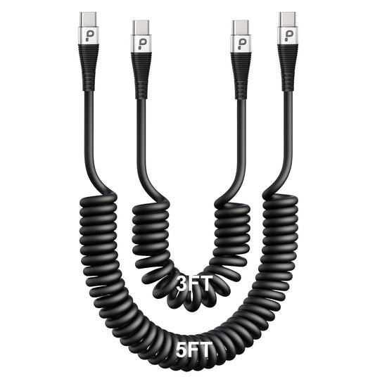 Coiled USBC to USBC Cables for Car 3FT/5FT, USB C to USB C Fast Charging Cables Short Type C Cord for iPhone 16/15/Pro/Plus/Pro Max/Samsung Galaxy S23, Compatible All Type C Devices-Silver 2Pack