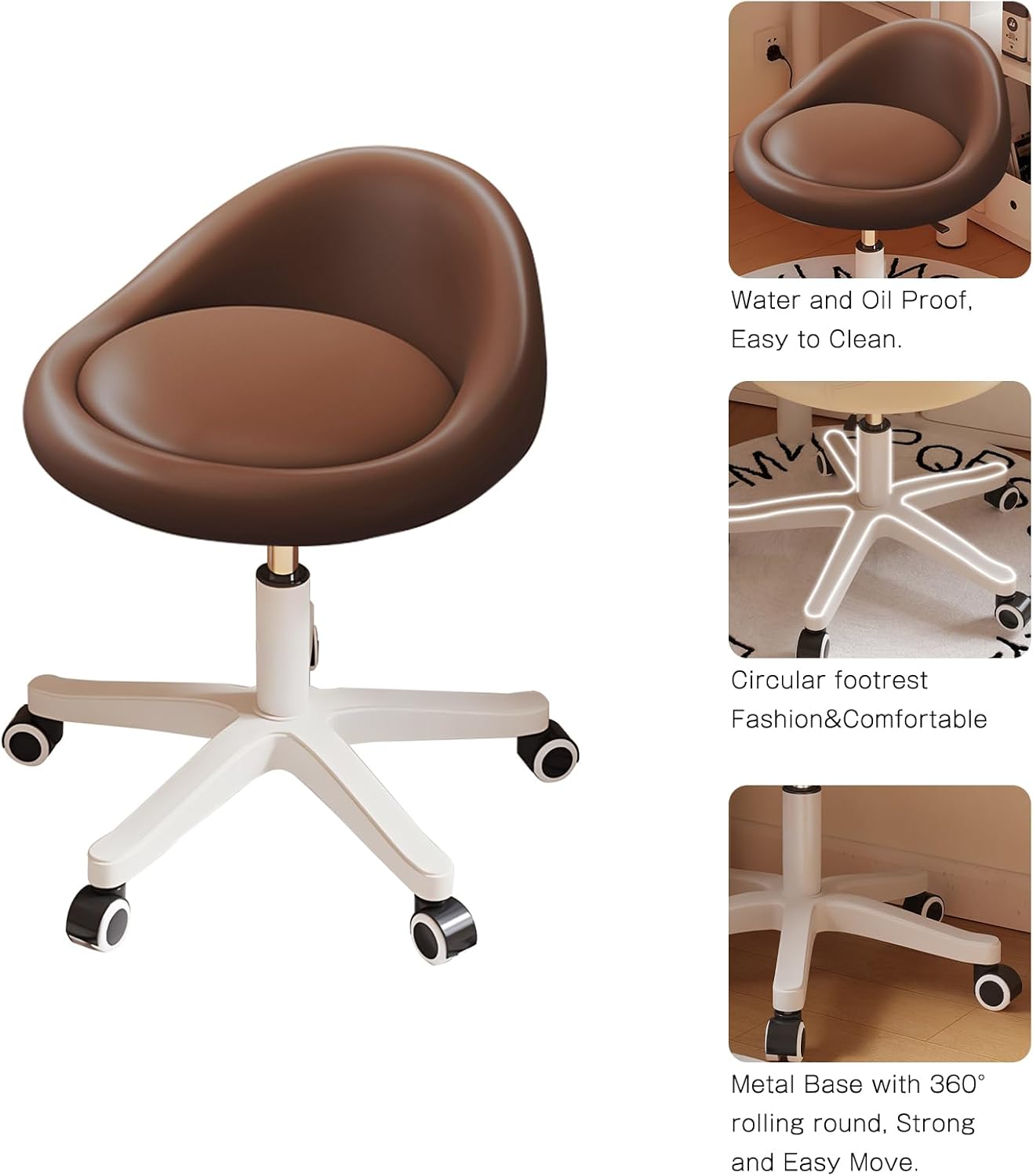 Rolling Stool Set of 6 Rolling Hydraulic Salon Stool with Low Backrest - Adjustable Swivel Chair for SPA, Shop, Salon, Massage, or Medical Office Brown