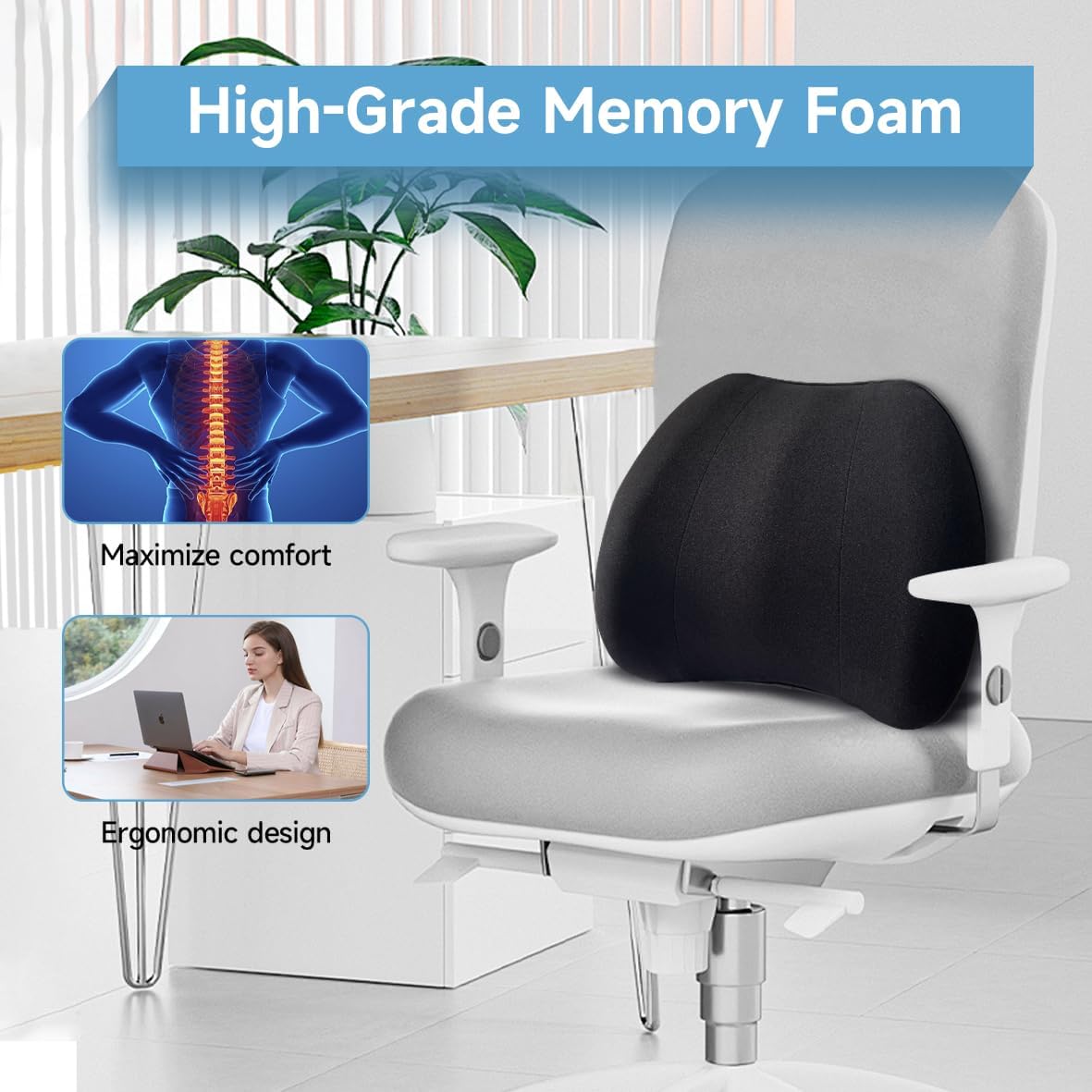 Really Plush Lumbar Support Pillow for Car Seat, Perfectly Balanced 100% Memory Foam Lumbar Pillow - Breathable Removable Cover & Ergonomic Design, Back Pillow for Back Pain Relief(Black, 1PC)