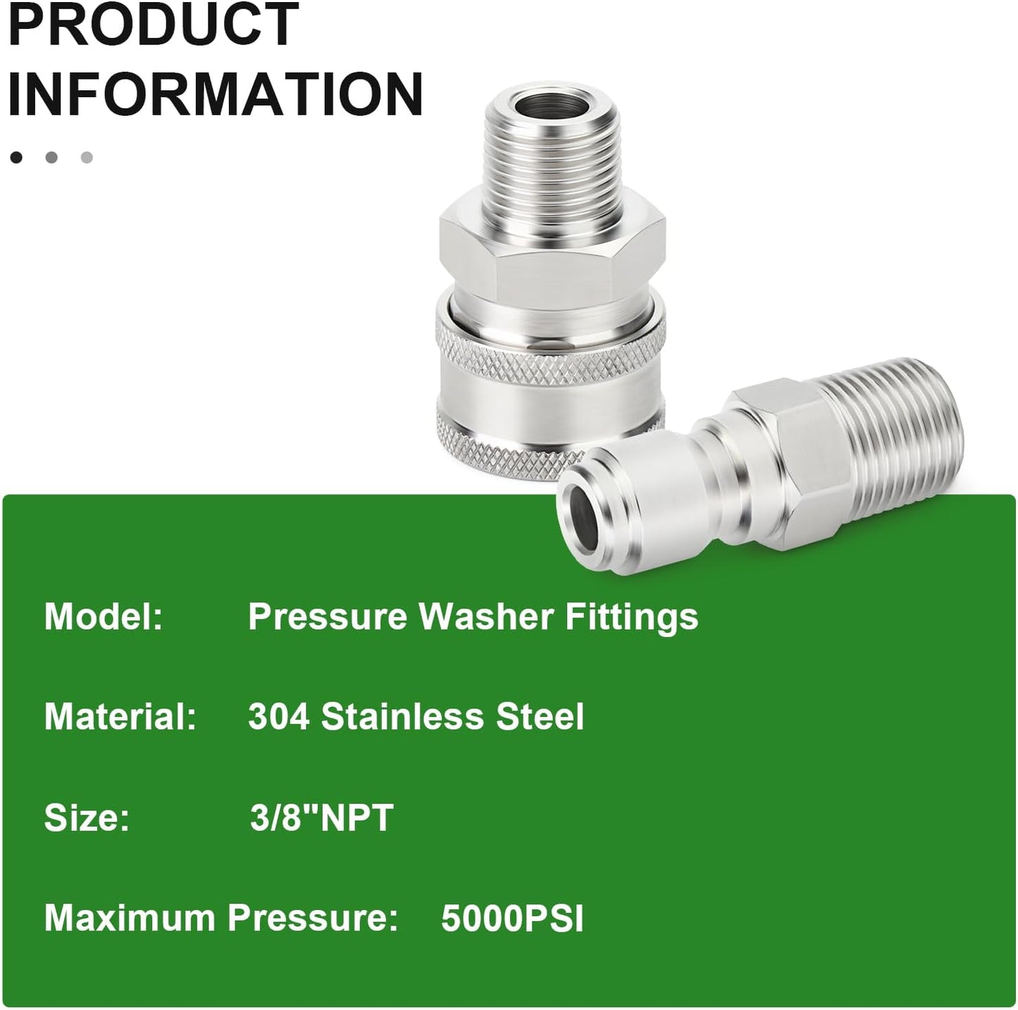 TAISHER 4PCS 304 Stainless Steel Pressure Washer Adapter Kit, Quick Connect Fittings，3/8" Male