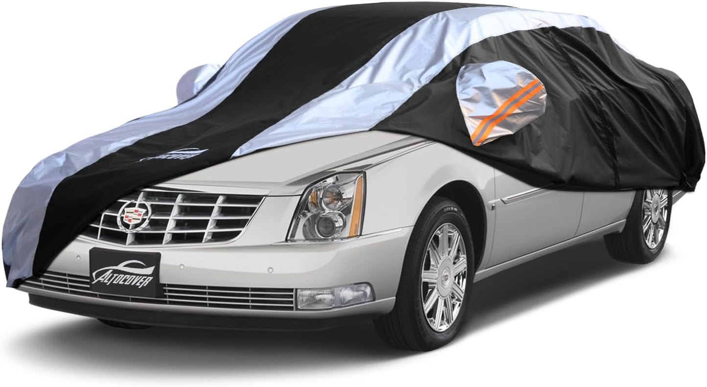 Car Cover Waterproof All Weather with Silver Strip Design, Custom Fit for DTS(2006–2011), XTS(2013-2019), CT6(2016-2020), DTS Accessory with Door Zipper & Windproof Straps