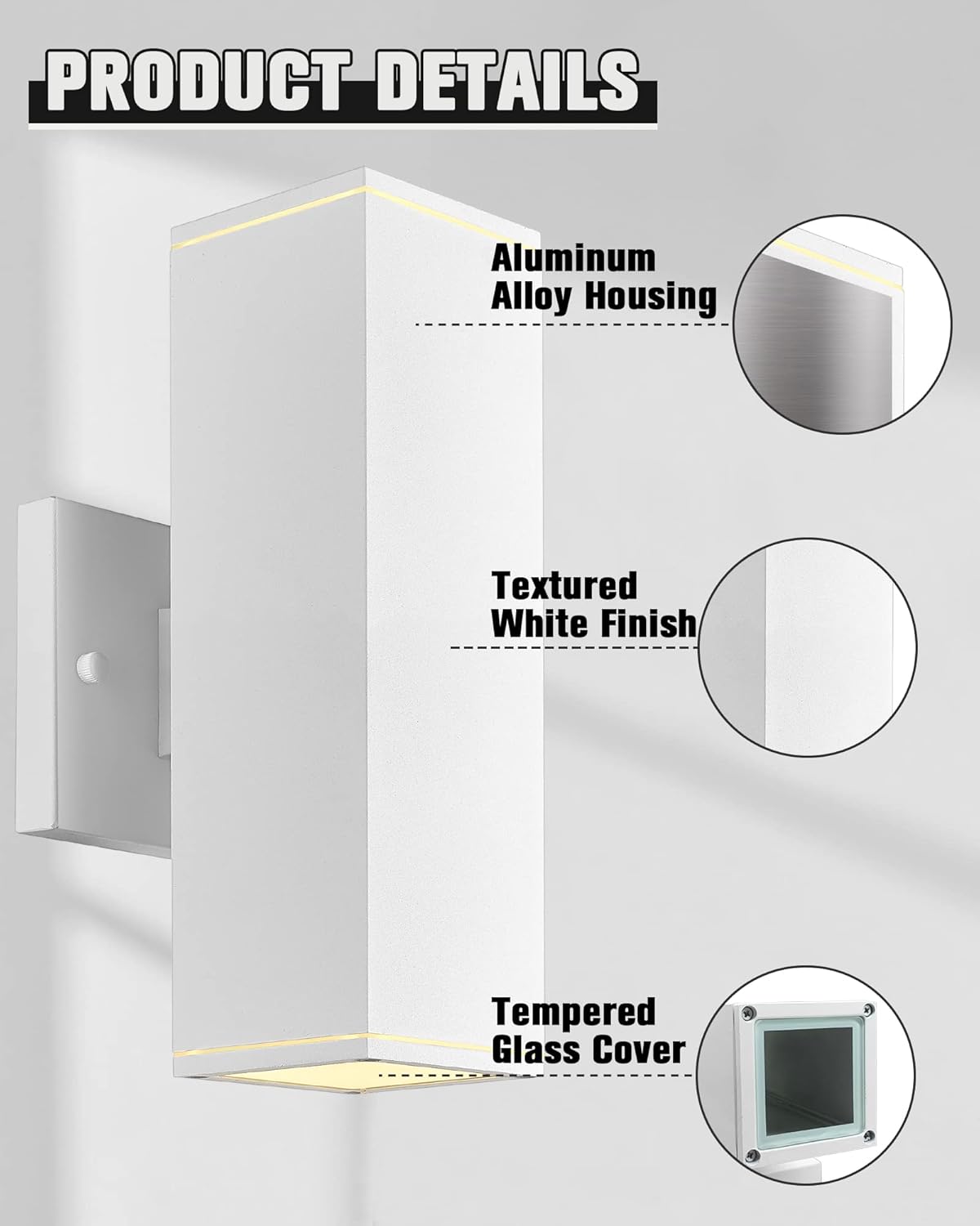 Ken & Ricky Outdoor Wall Lights, Modern Exterior Up and Down Wall Sconces, Square Porch Lights Outdoor Wall with Sanded White Finish - 2 Pack