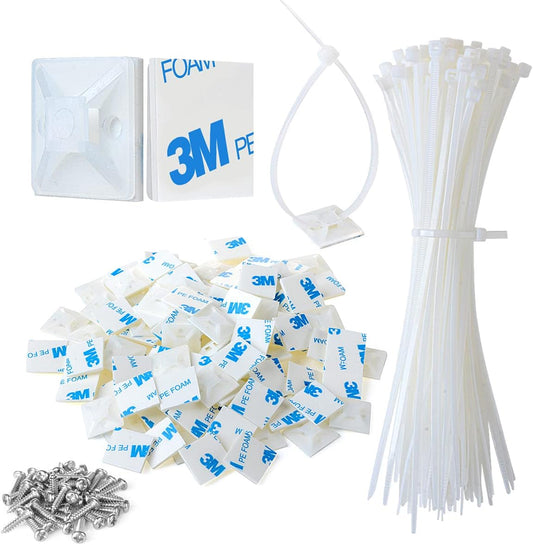 3/4" 3M Back-Glue Self Adhesive White Strong Cable Zip Tie Mounts 100pcs with 8" Ties, Screws, Outdoor Sticky Wire Fasteners Cable Clips Management Anchors Organizer Holders Squares