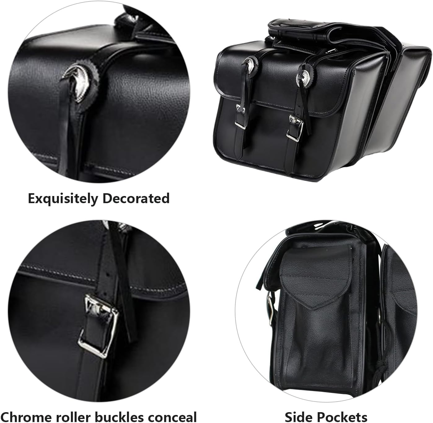 GARGOYLE BELLS Motorcycle Saddle Bags Leather Motorcycle Luggage Bag with Gun Holsters For Softails Sportsters and Choppers Tool Bags (Black Leather, 14" x 8" x 11")