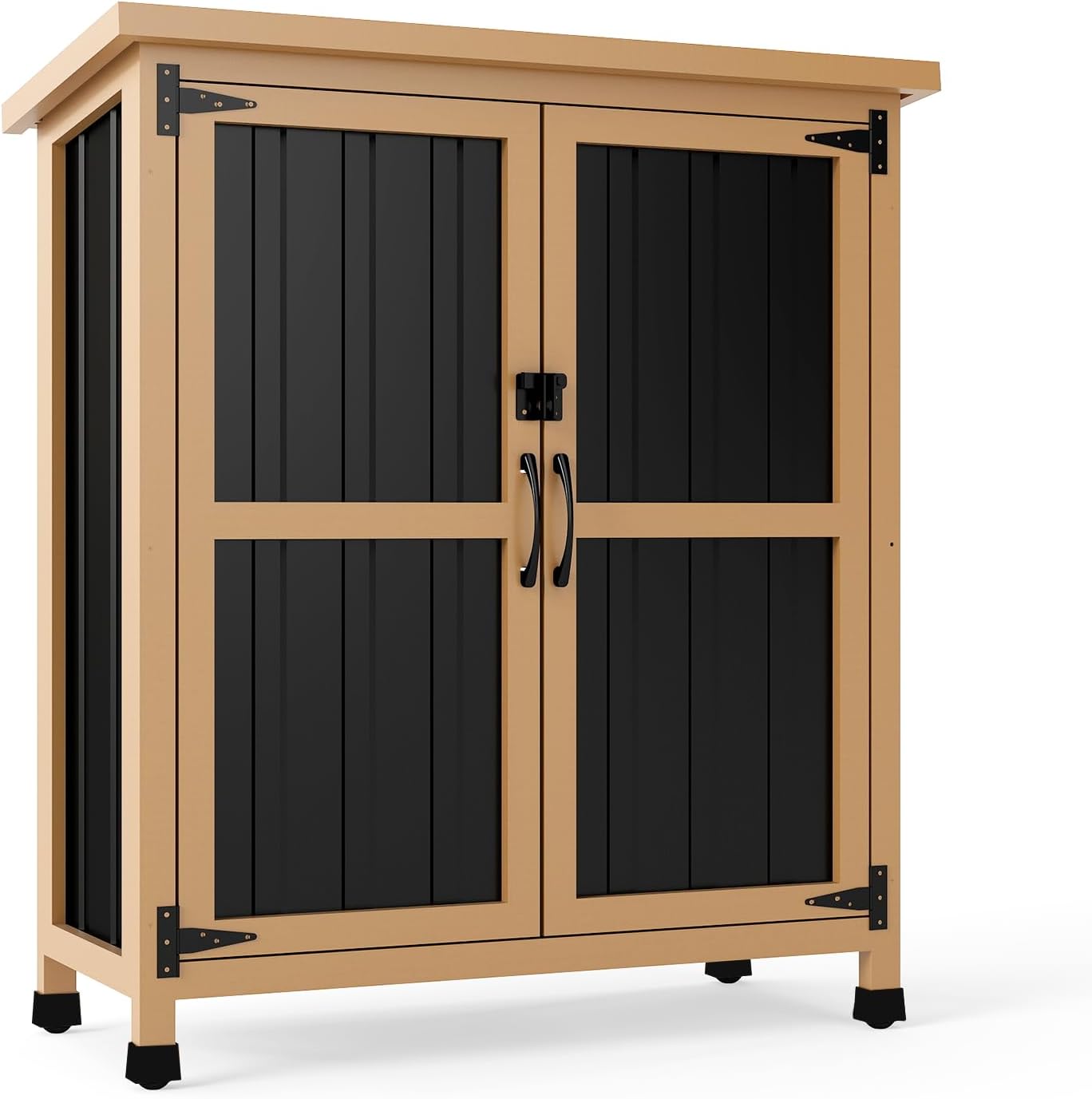 Outdoor Storage Cabinet, Small Wood & Metal Storage Shed with Lockable Doors & Adjustable Shelves, Vertical Outdoor Cabinets Weatherproof for Patio Backyard,Garden Tool Shed and Accessories, Brown