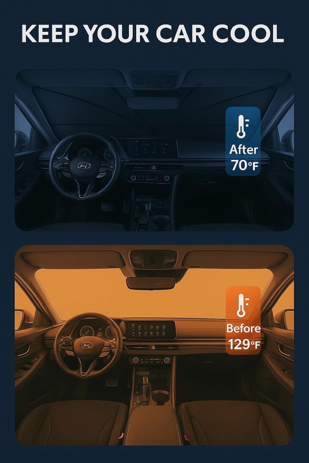 Proadsy Windshield Sun Shade Umbrella for Hyundai Elantra 2021-2025 2026 Foldable Car Umbrella Sunshade with Soft TPU Handle Spring Structure Crystal Cooling Material Protect Car from Rays & Heat