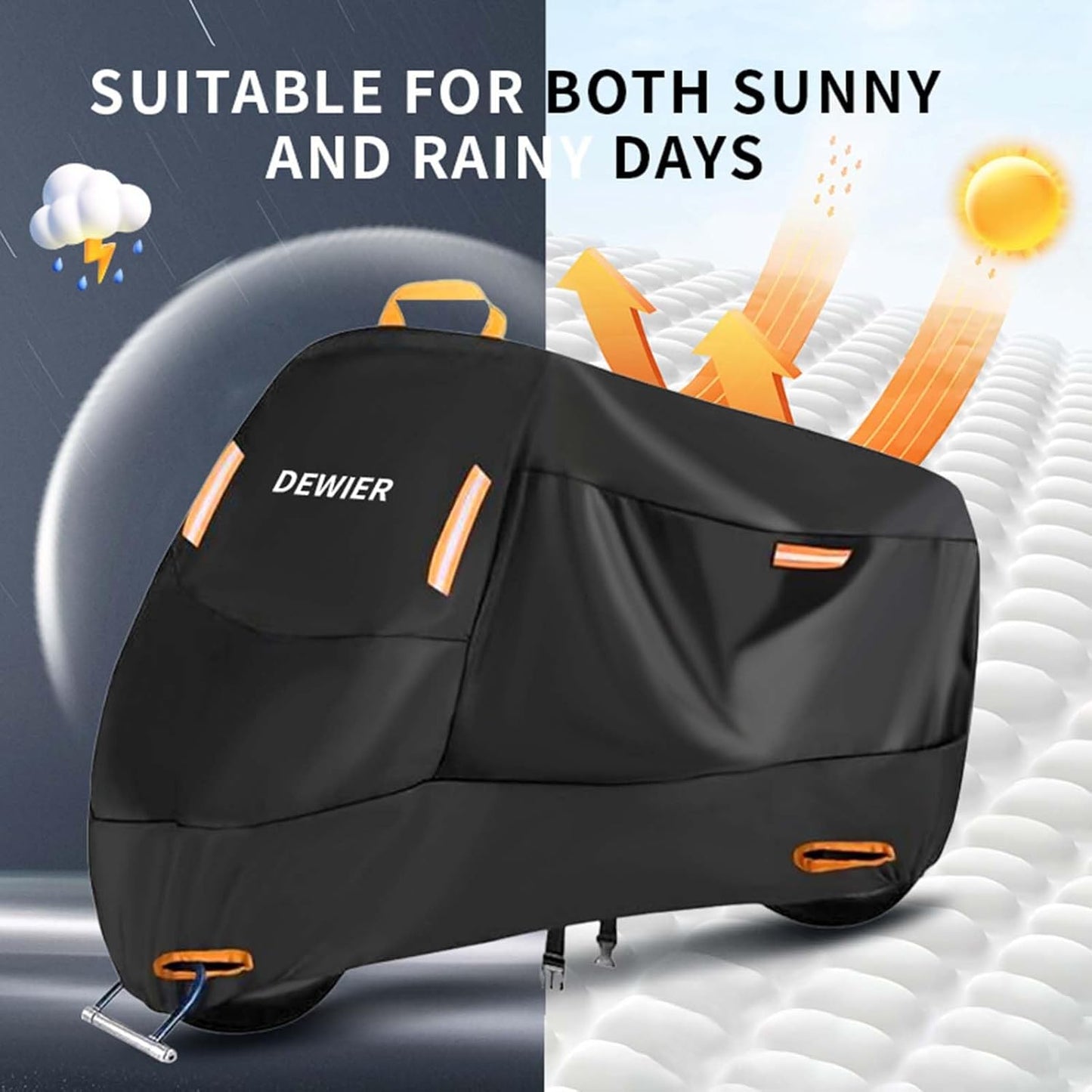 Motorcycle Cover Waterproof Outdoor, 420D Heavy Duty, XL90.5in, All Season Protection, Windproof Clasps, Storage Bag, Night Reflective Design, Fits Motorcycles, 1-2 Bikes Ebikes