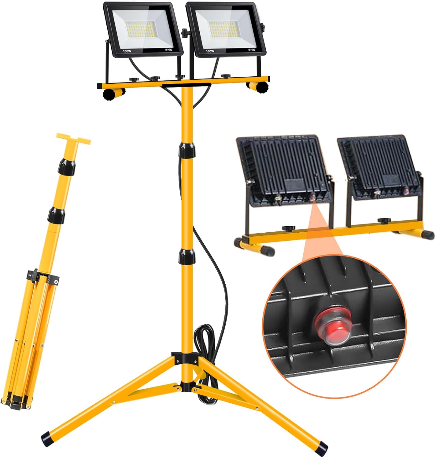 Work Lights with Stand, 2 Adjustable Head LED Work Light，Foldable Tripod Stand and Portable Removable Led Construction Lights with Individual Switch with 6500 Kelvin Color
