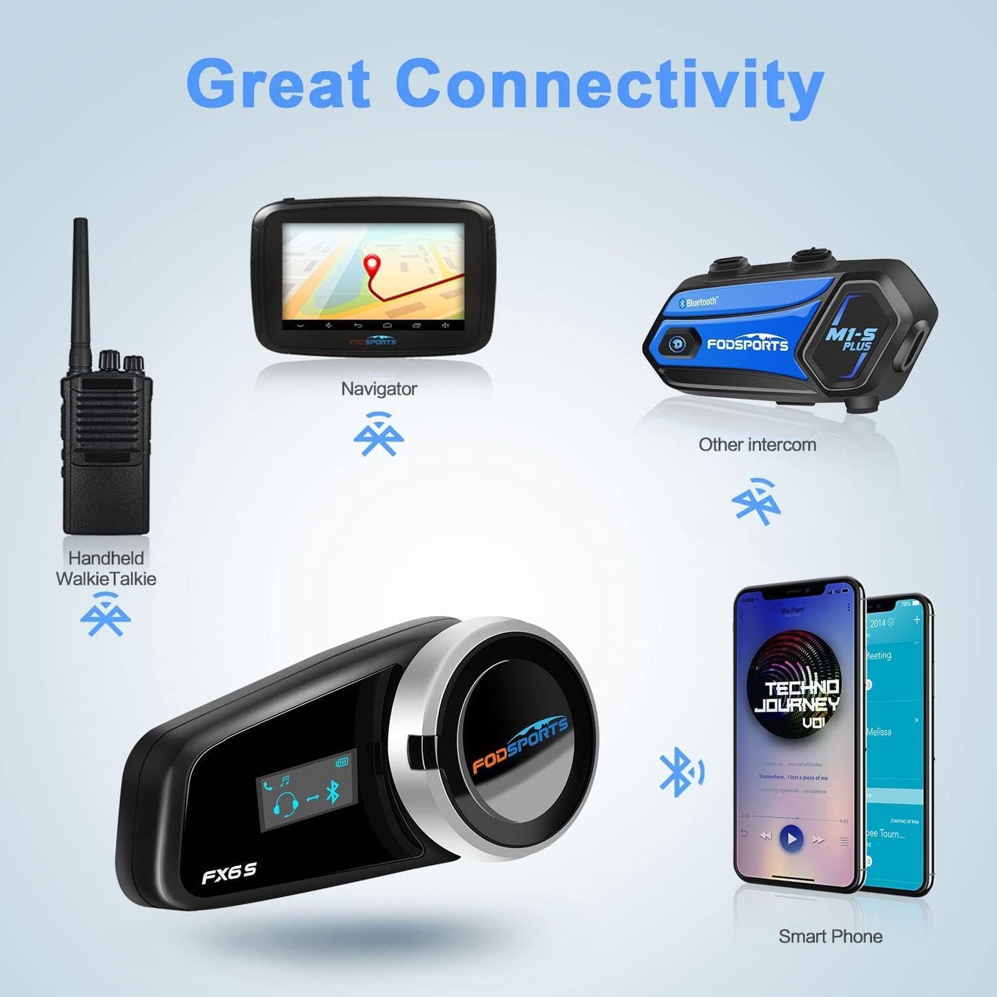 Fodsports FX6S Motorcycle Helmet Bluetooth, 1000m Motorbike Intercom Bluetooth, 6-Way Motorcycle Helmet Communication System/Voice Dial/Universal Pairing/FM Radio (1 Pack FX6S with LED)