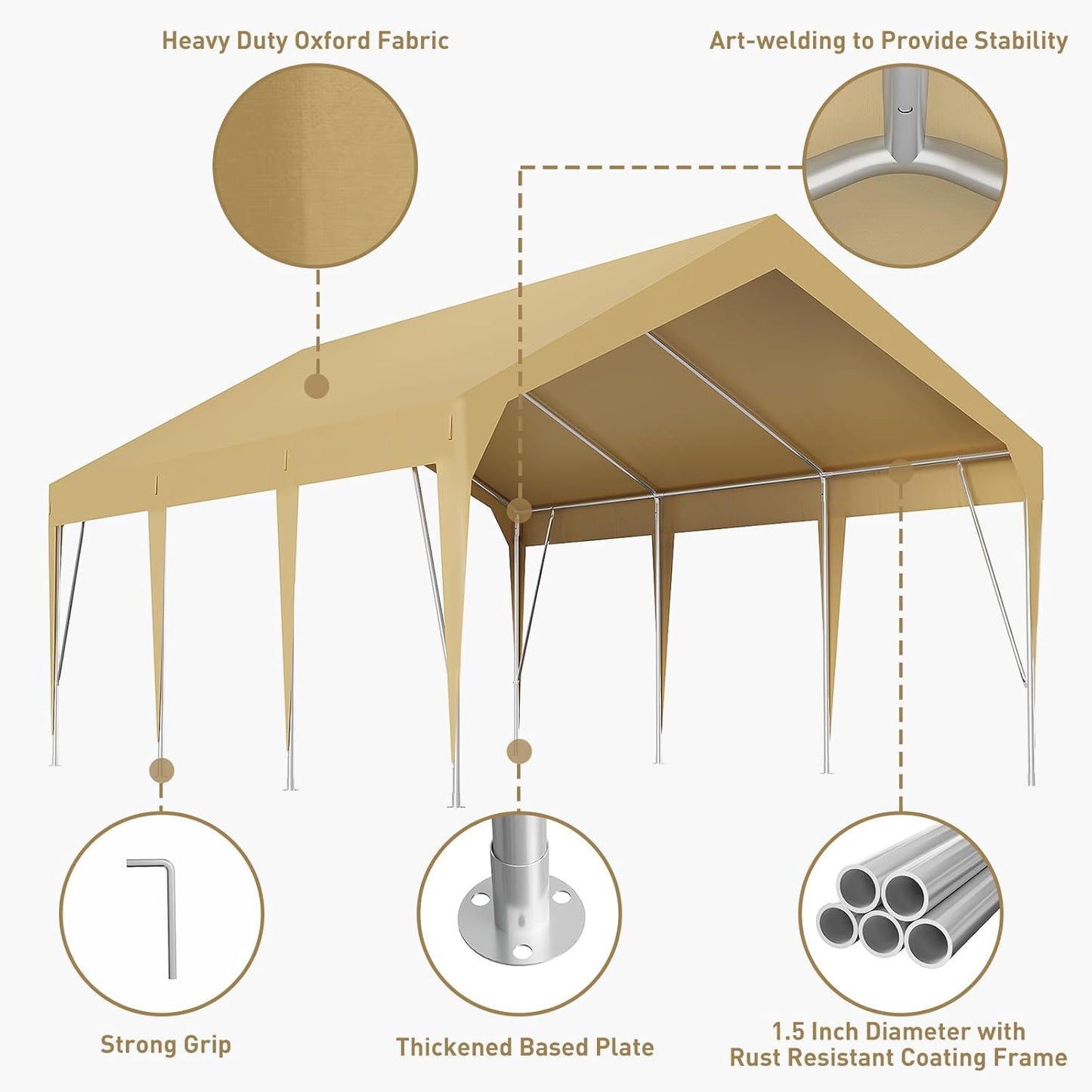 10x20ft Heavy Duty Carport Outdoor Car Canopy UV Resistant Waterproof Party Tent All-Season Portable Garage Gazebo Shelter for Car, Storage Shed (Earthy Yellow)