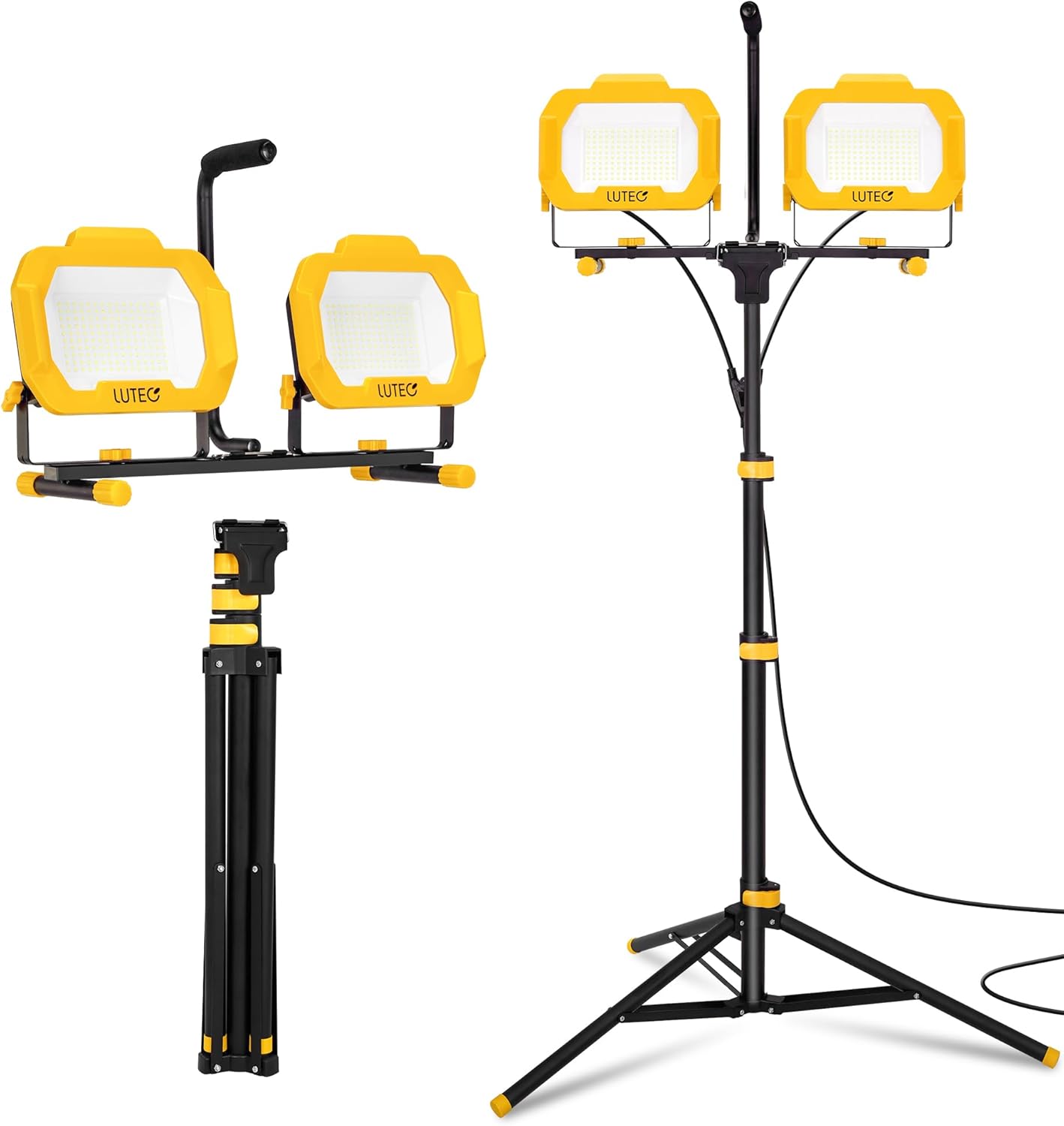 LUTEC 25000 Lumen LED Work Lights with Stand, Dual Head Dimmable Work Light with 6 Brightness Levels, IP65 Waterproof Rotating WorkLights with Telescoping Tripod and 8.2 Ft 3-Prong Power Cord