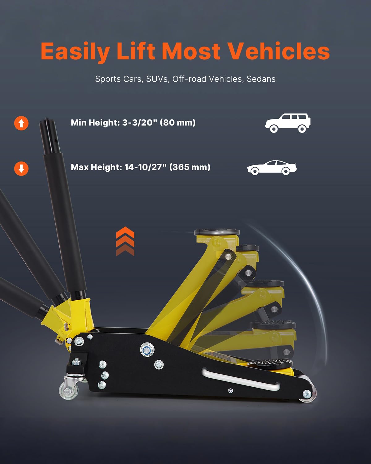 VEVOR Low Profile Floor Jack 1.5 Ton (3300 LBS), Aluminum and Steel Race Ground Elevator with Dual Pistons Quick Lift Pump Auto Repair Car Maintenance, Lifting Range 3-3/20"-14-10/27"