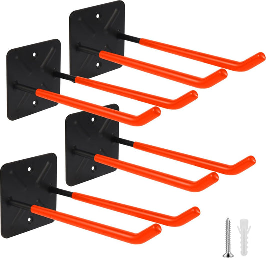 Steel Garage Storage Hooks Wall Tool Organizer, 10 Inch Garage Hook Heavy Duty Utility Storage Hangers Orange for Ladders, Chairs, Garden Tools, Set of 4