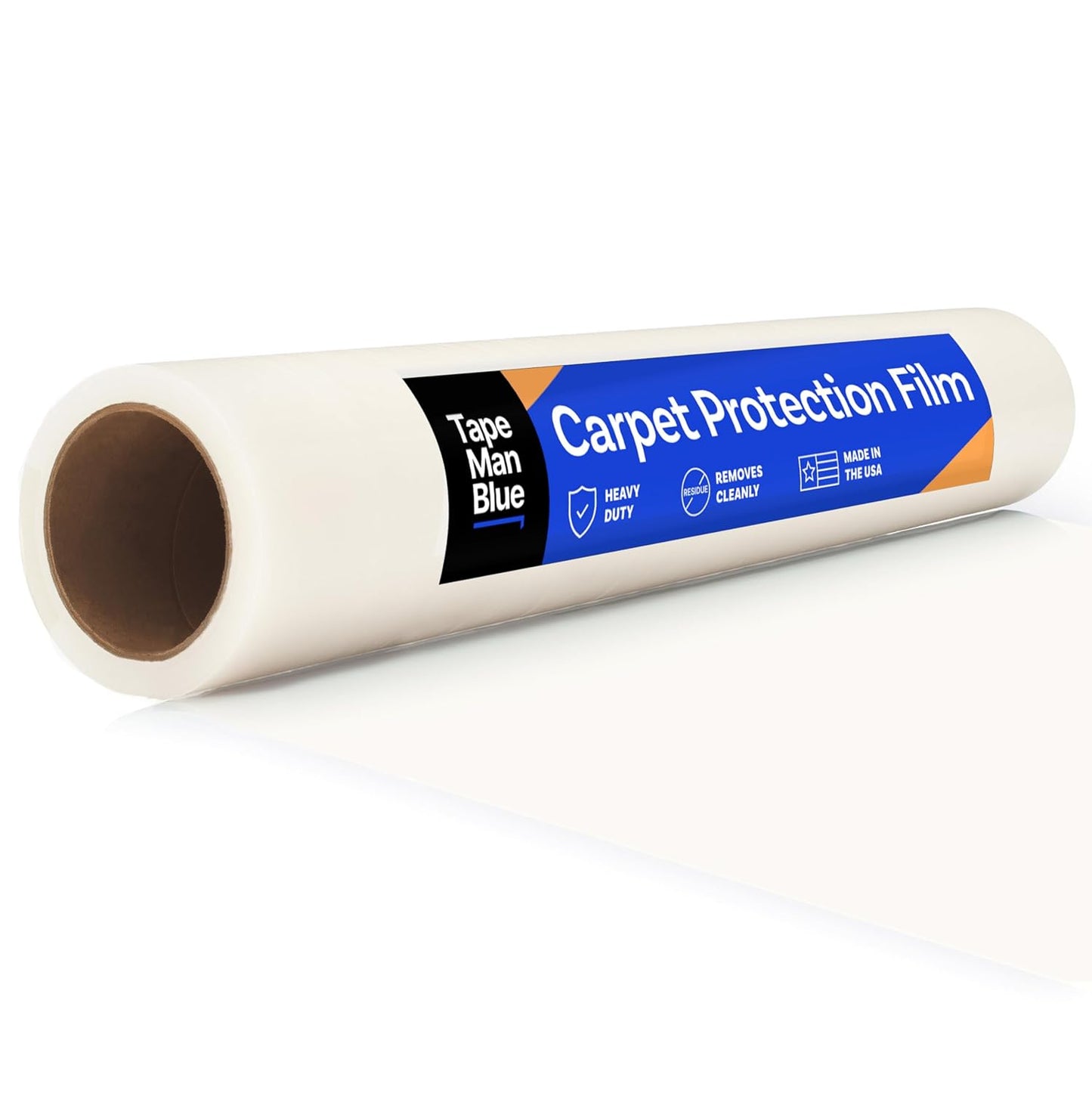 TapeManBlue Carpet Protection Film 36" x 200' roll. Made in The USA. Easy Unwind, Clean Removal, Strongest and Most Durable Plastic Carpet Protector. Clear, Self-Adhesive Surface Protective Film.