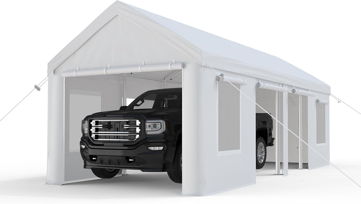 13x25ft Carport, Heavy Duty Carport with Reinforced Steel Poles, Upgraded Portable Garage with Doors & Window, UV Resistant All-Season Waterproof Tarp, for Car, Truck, Boat(White)