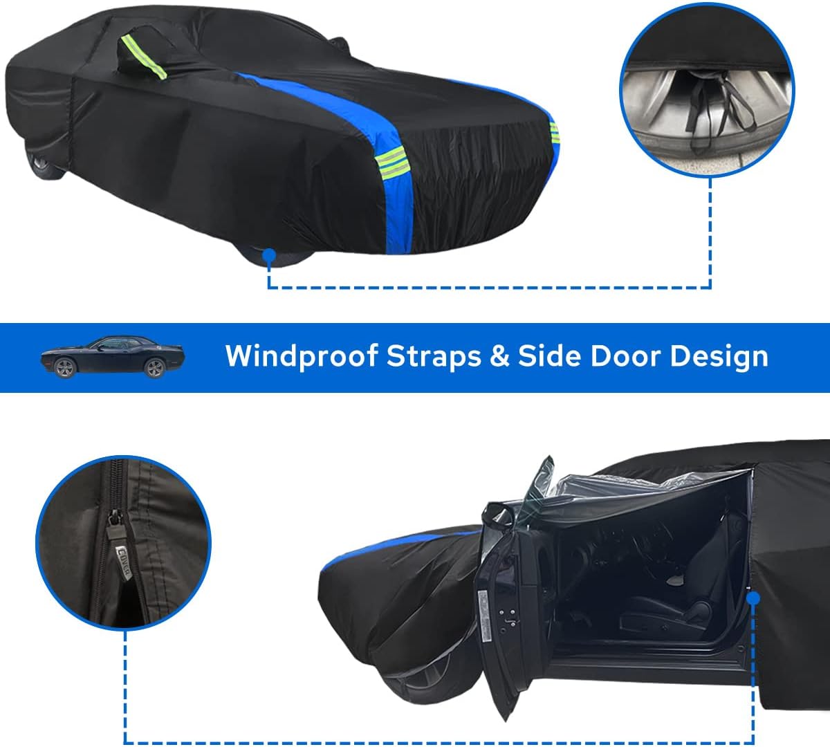 Avecrew Dodge Challenger Car Cover Waterproof All Weather for Automobiles, Outdoor Full Exterior Covers Fit 2008-2023 Dodge Challenger with Windproof Strap and Driver Door Zipper