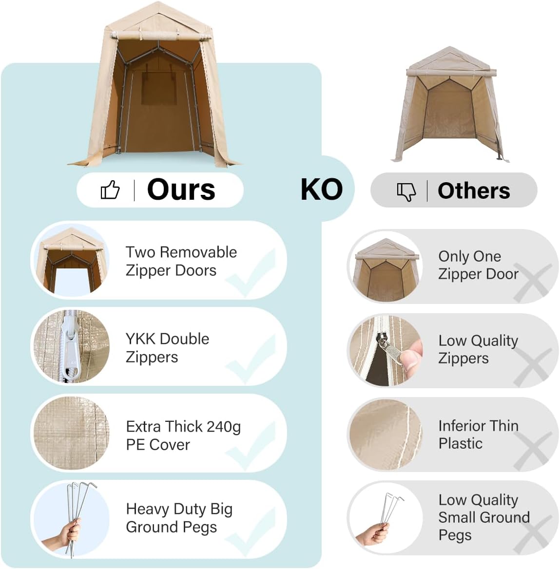 ADVANCE OUTDOOR 6X8 ft Outdoor Portable Storage Shelter Shed with 2 Rolled up Zipper Doors & Vents Carports for Motorcycle Waterproof and UV Resistant Portable Garage Kit Tent, Beige