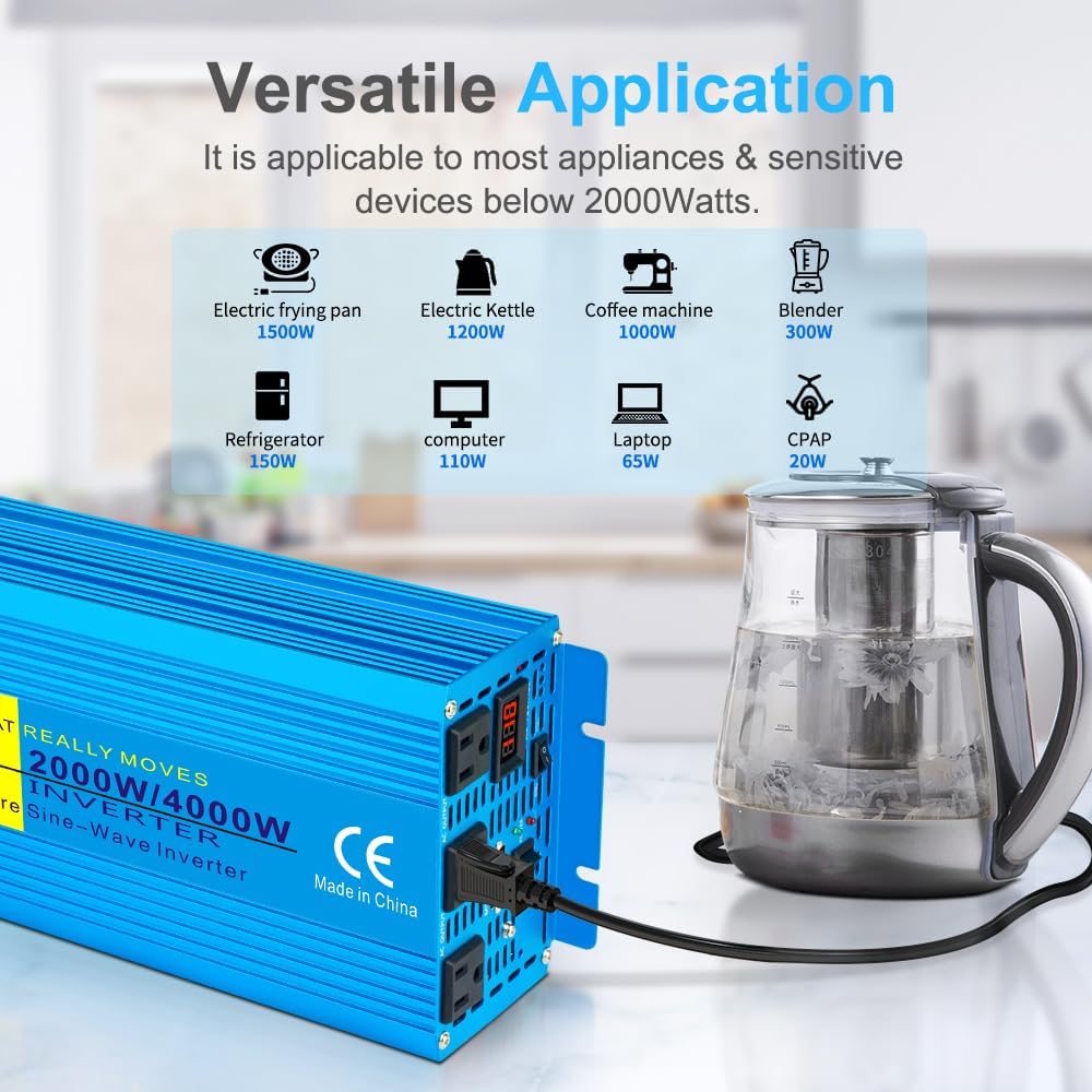 LVYUAN 2000 Watt Pure Sine Wave Inverter 12V to 110V 120V DC to AC with 3 AC Sockets, LED Display, Car Power Inverter for Vehicles Home RV Camping Truck Solar System