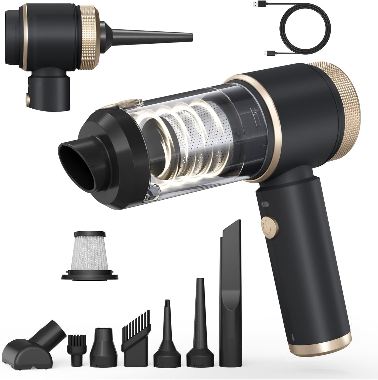 Car Vacuum Portable Cordless, Hand Vacuum with 16000PA High Power, 7 in 1 Mini Car Vacuum Cleaner with One-Click Empty, Dual Hepa Filter, LED Light, Type-C Charging Small Handheld Vac