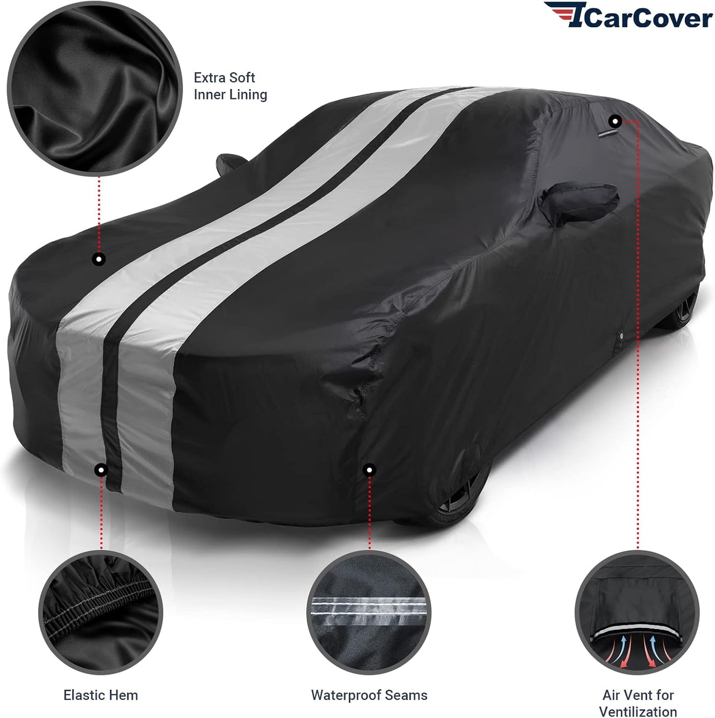 iCarCover Custom Car Cover for 1982-1992 Chevy Camaro Z28, IROC-Z, RS, Berlinetta, Sport Waterproof All Weather Rain Snow UV Sun Protector Full Exterior Indoor Outdoor Car Cover (Stripe - Black/Gray)