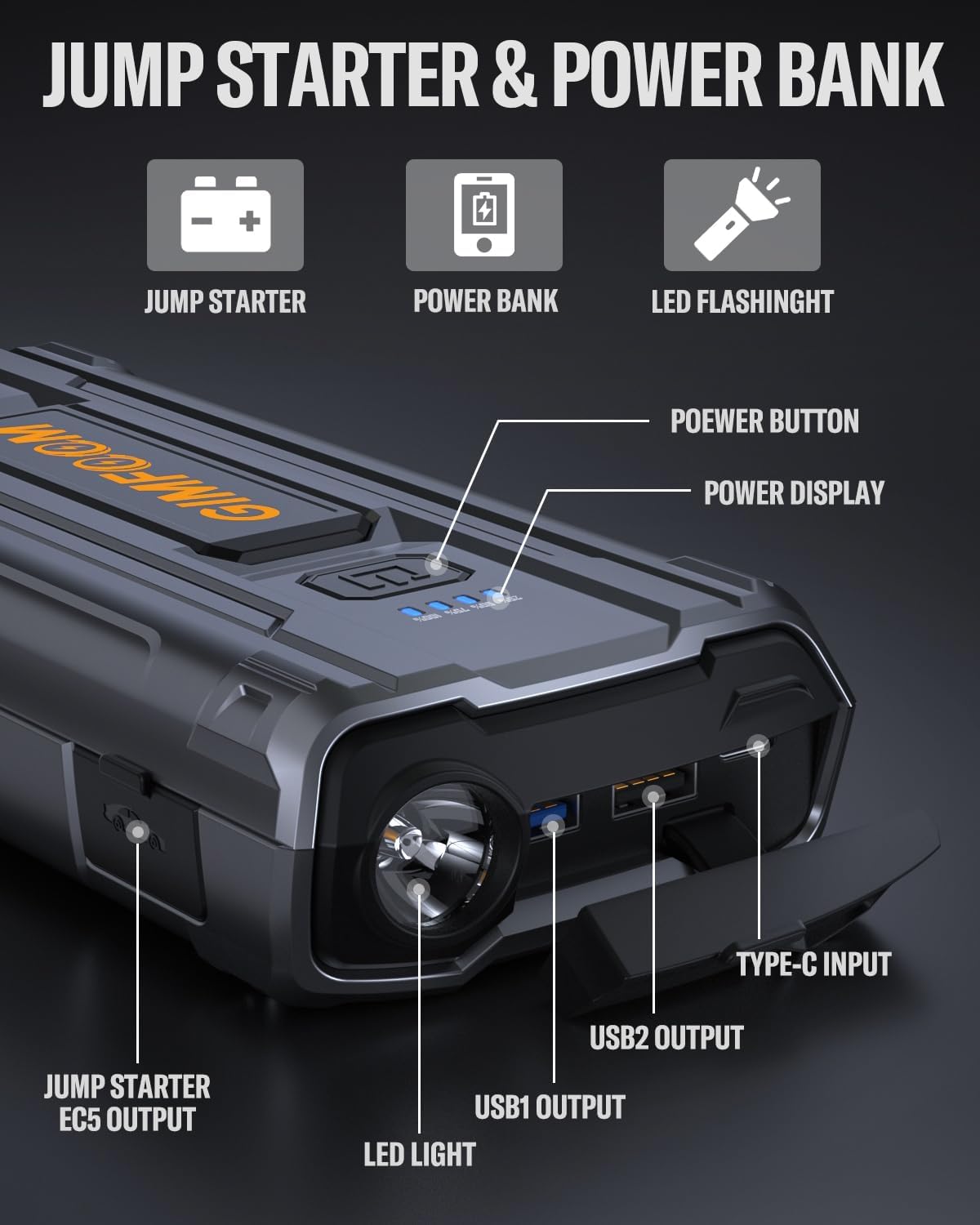 Jump Starter, 2000A Car Battery Jump Starter for Up to 9.0L Gas or 7.5L Diesel Engines, 12V Portable Car Jump Starter Battery Pack, Jump Box with 400 Lumens LED Light/Dual USB Output