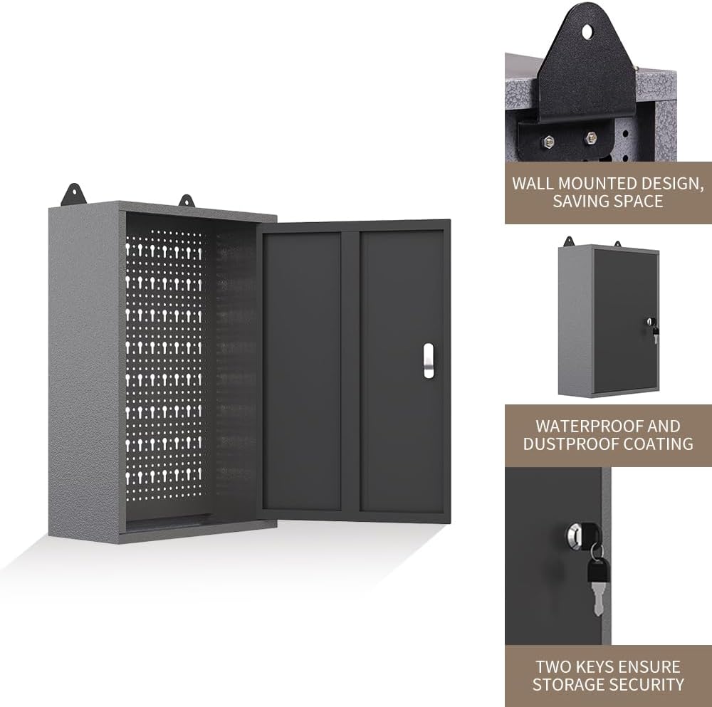 JZD Steel Wall Mount Storage Garage Cabinet, Metal Hanging Tool Cabinets, Black & Grey