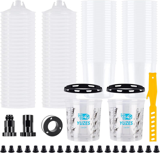 YUZES Paint Mixing Cups System 20 Ounce (600ml), 50 Disposable Paint Cups Liners and Lids, 2 Hard Cup with Retainer Ring, 20 Plugs, PTFE Tape, Paint Stirrer, 2 Cup Adapter for Automotive Paint Gun