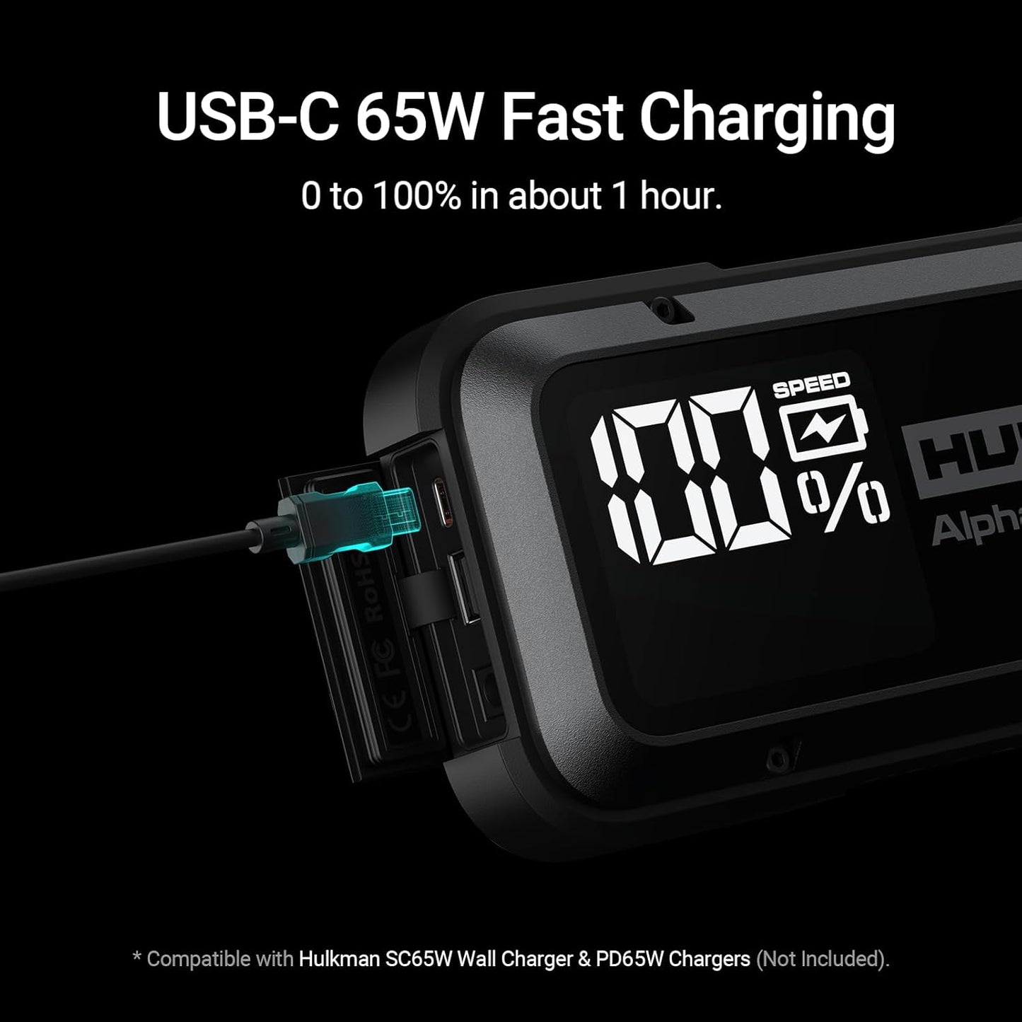 Hulkman Alpha Pro Solid Black, 1750A 59.2Wh Car Jump Starter Portable, High-Capacity Battery Booster & Jumper Cables, 3.3" Display Jump Box, PD65W in&Out, 12V Battery Pack for 8.0L Gas/5.0L Diesel
