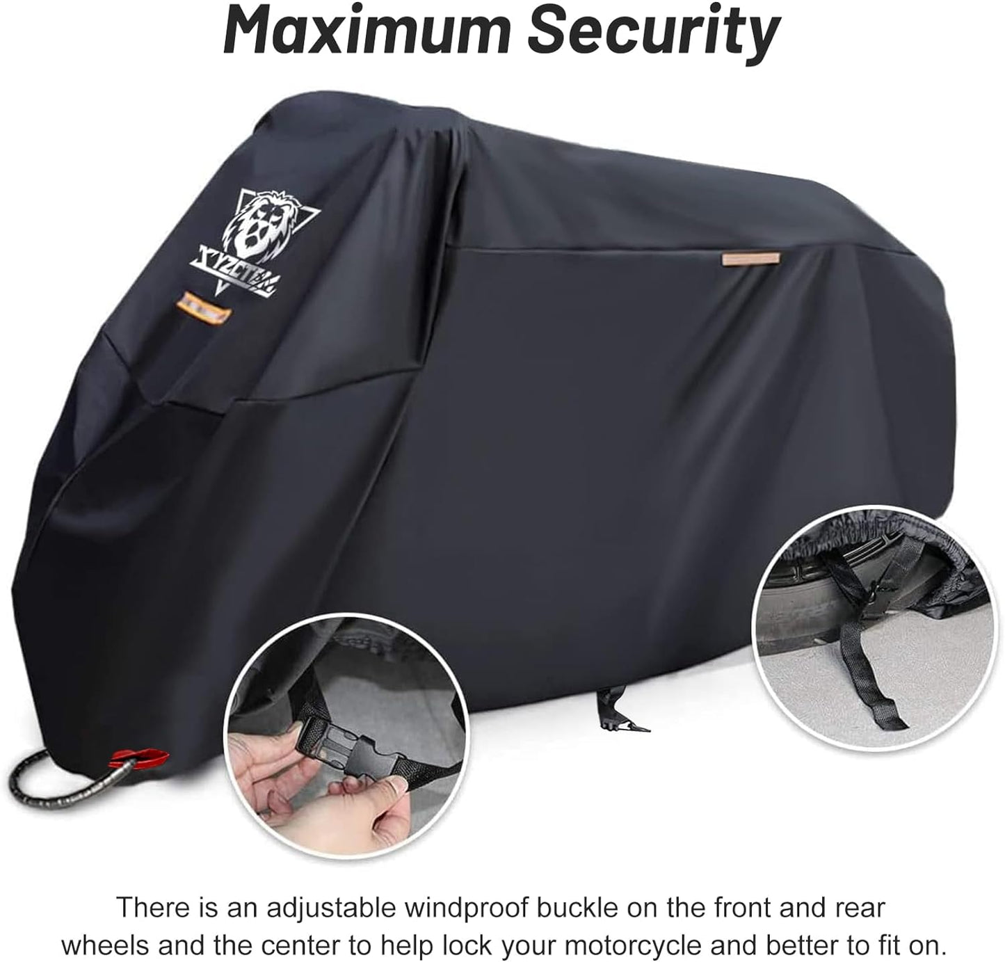 XYZCTEM Motorcycle Cover -Waterproof Outdoor Storage Bag,Made of Heavy Duty Material Fits up to 91 inch, Compatible with Harley Davison and All Motors(Black& Lockholes& Professional Windproof Strap)