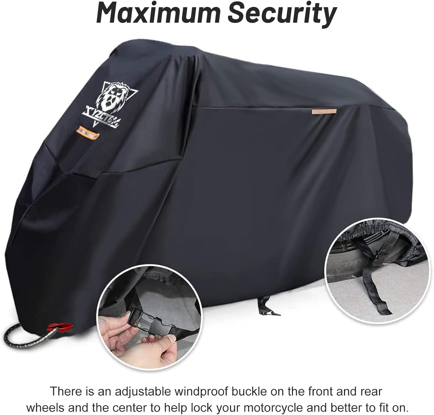 XYZCTEM Black Motorcycle Cover -Waterproof Outdoor Storage Bag,Fits up to 108" Motors,Made of Heavy Duty Material, Compatible with Harley Davison and All Motors,Professional Windproof Strap