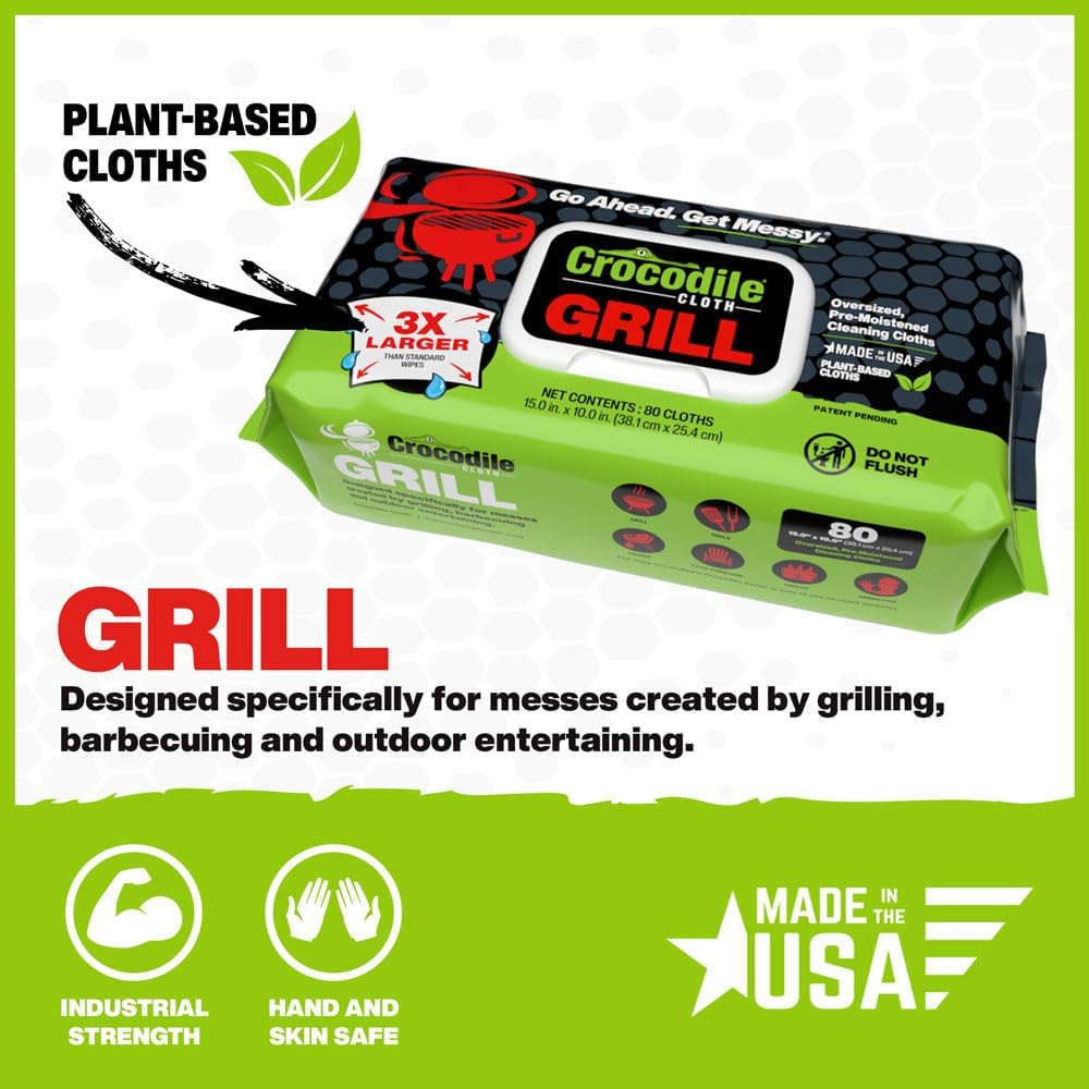 Crocodile Cloth Grill - 80 (15" x 10") Plant-based Cleaning Wipes. Safe on Skin & Multiple Surfaces. Infused with Aloe & Vitamin E. Large, Pre-Moistened & Absorbent.