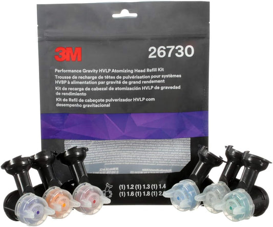 3M Performance Gravity HVLP Atomizing Head Variety Kit, 26730, Sizes 1.2, 1.3, 1.4, 1.6, 1.8, 2.0, for use Performance Spray Gun PPS 2.0 Paint Cups, Pack of 6, Black